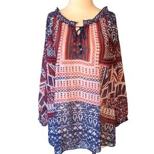 ONE WORLD Red White Blue Patriotic Sheer Blouse Tie Plus 1X